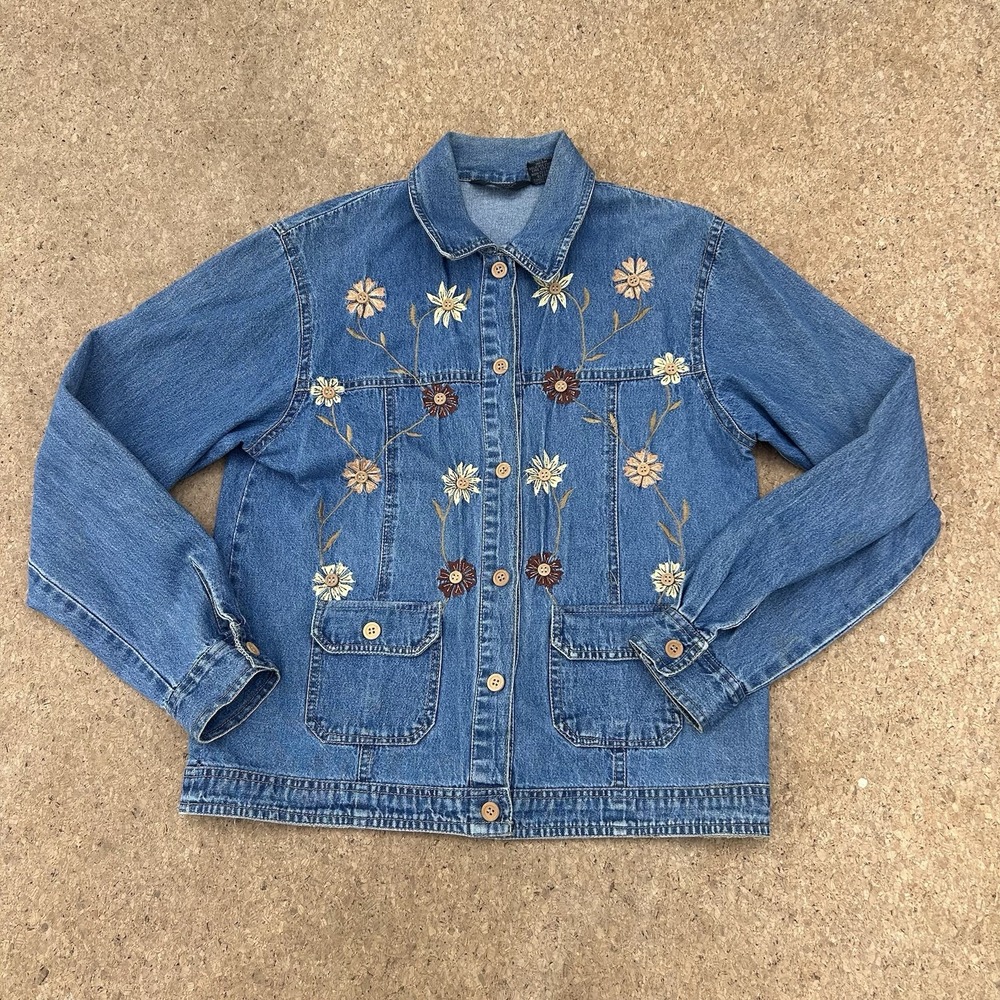 Embroidered Denim Jacket Floral Women M Flower Appliqué Embroidery Artsy Shacket